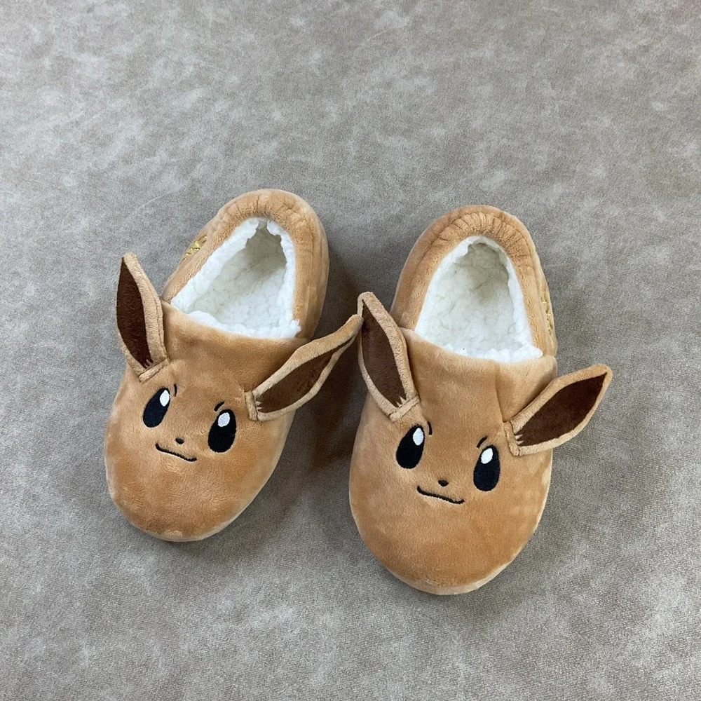 Pokemon Eevee Slippers Shoes 3D Sherpa Lined Ears Embroidered Kids Sz 2.5 EUC
